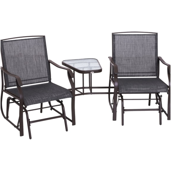 Outdoor Glider Loveseat with Table, Steel Frame 2-Person Patio Swing Chair in Brown, Breathable Sling Seating for Porch and Garden