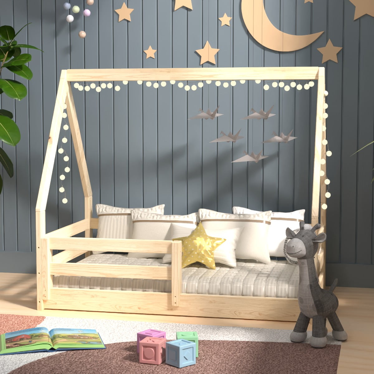 From the Tree Furniture Wooden Toddler House Bed with Slats, Solid Pine Wood