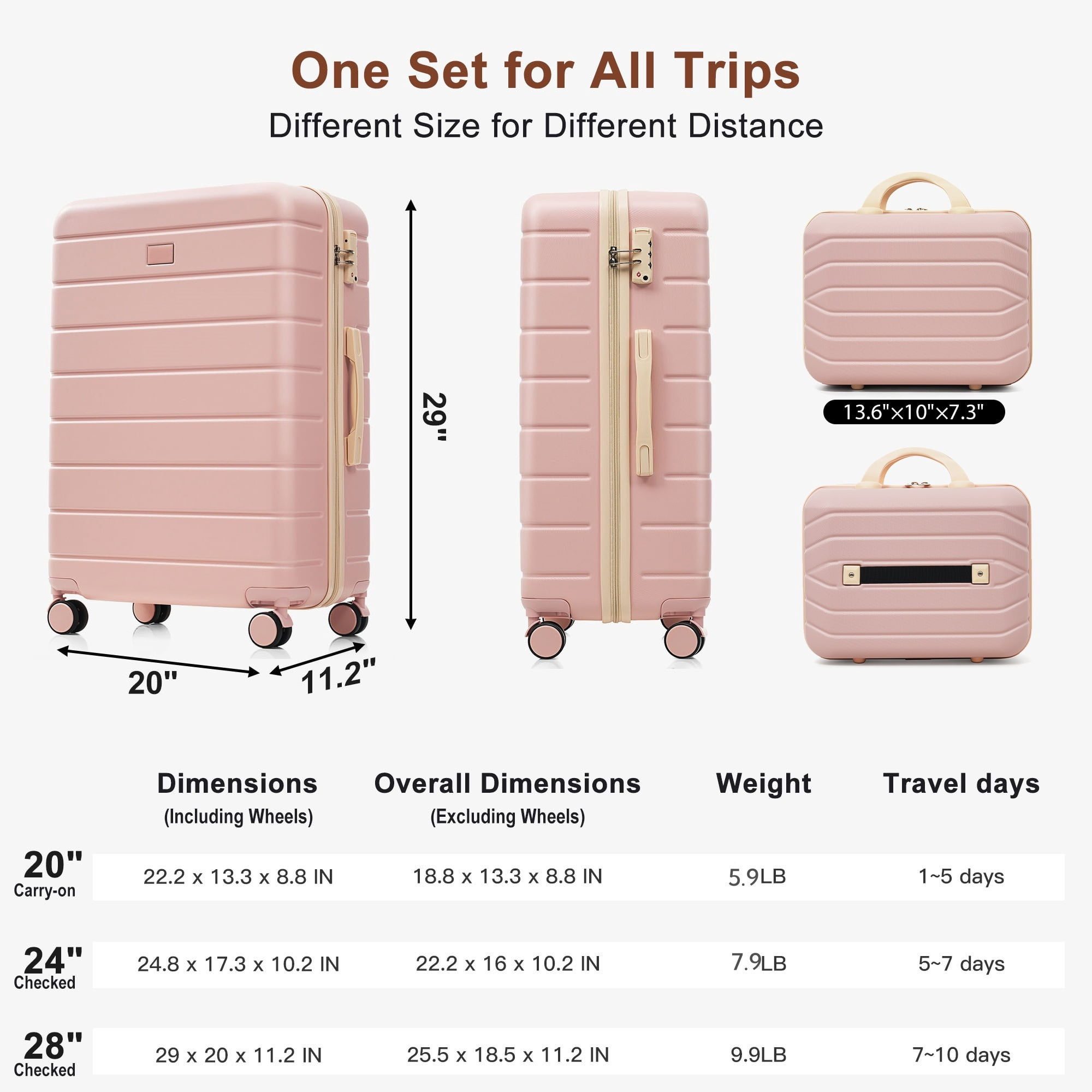 Euroco 6 Piece Hardshell Luggage Sets, Lightweight Suitcase Set with TSA Lock, Spinner Wheels & Expandable Travel Duffel Bag,14/20/24/28 Inch,Pink