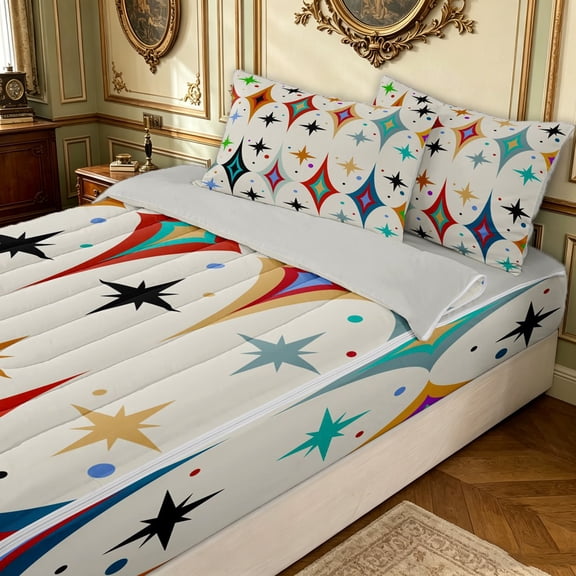 Erosebridal Mid Century Star Zipper Twin Comforter Sets with Fitted Sheet and 2 Pillowcases for Boys Girls, Retro Cream Abstract Print Zipper Bedding Set, Gray Reversible, 4pcs