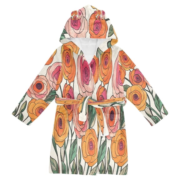 FORMRS Niños Bathrobe Unisex Hooded Robe Soft Plush Pajamas Sleepwear, Size 2-3T, Hand Drawn Floral