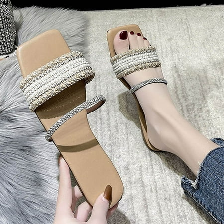 

Zanvin Womens Sandals Clearance Women s Sandals Casual Flat Heel Retro Slip-on Sexy Rhinestone Pearls Casual Beach Bling Shoes Khaki 42