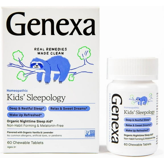 Genexa Kid's Sleepology | Melatonin Free Childrens Sleep Aid |Soothing Natural Vanilla & Lavender Flavor | Certified Organic & Non-GMO | Homeopathic Remedy Made Clean | 60 Chewable Tablets