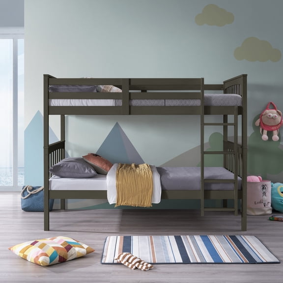 Home Design Ames Twin Over Twin Solid Wood Bunk Bed Frame, Convertible, Sturdy Guardrails, Dark Gray, Easy Assembly