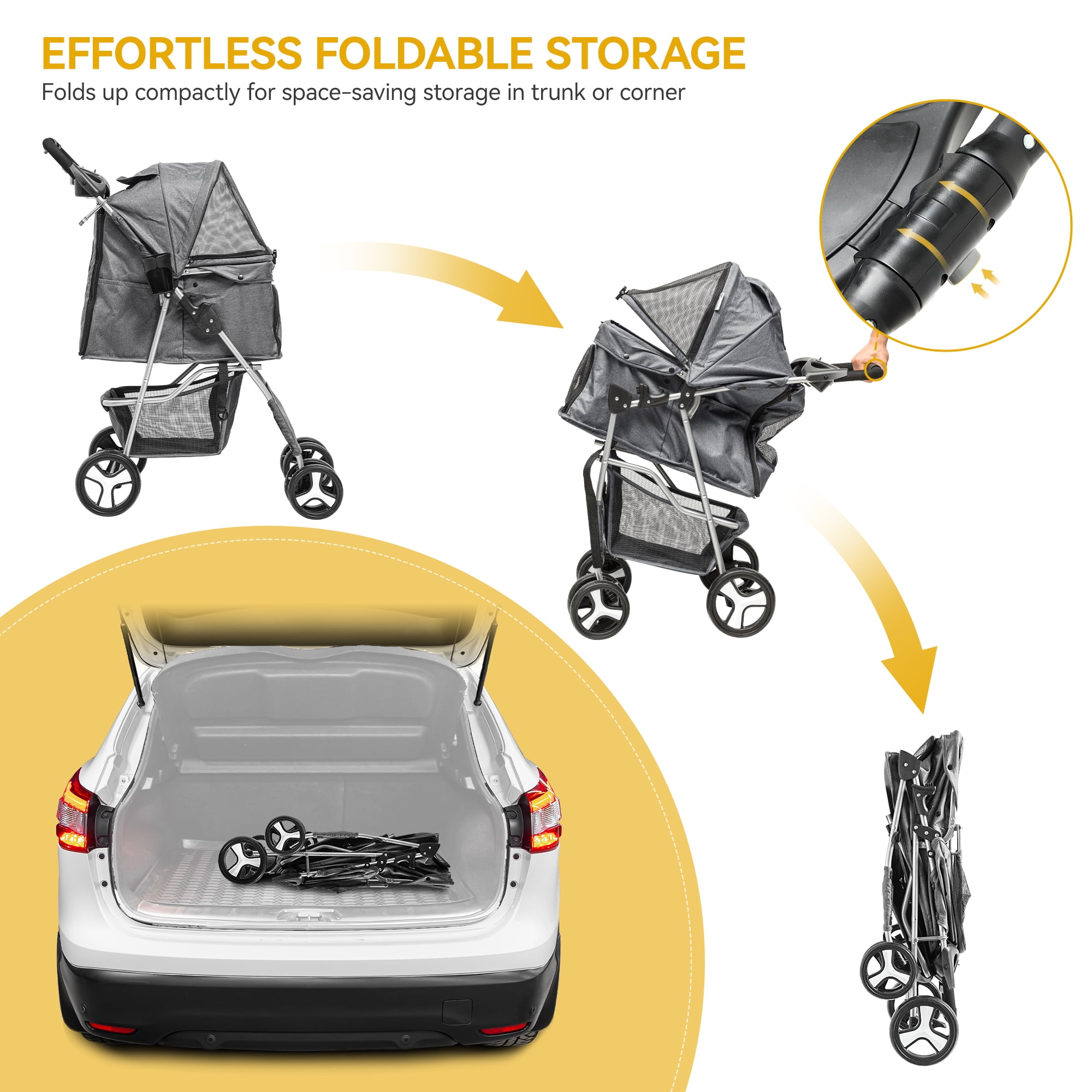 Dextrus 4-Wheel Foldable Dog Stroller with Storage Basket & 360° Rotating Wheels – Lightweight Pet Stroller for Small to Medium Dogs and Cats, Gray