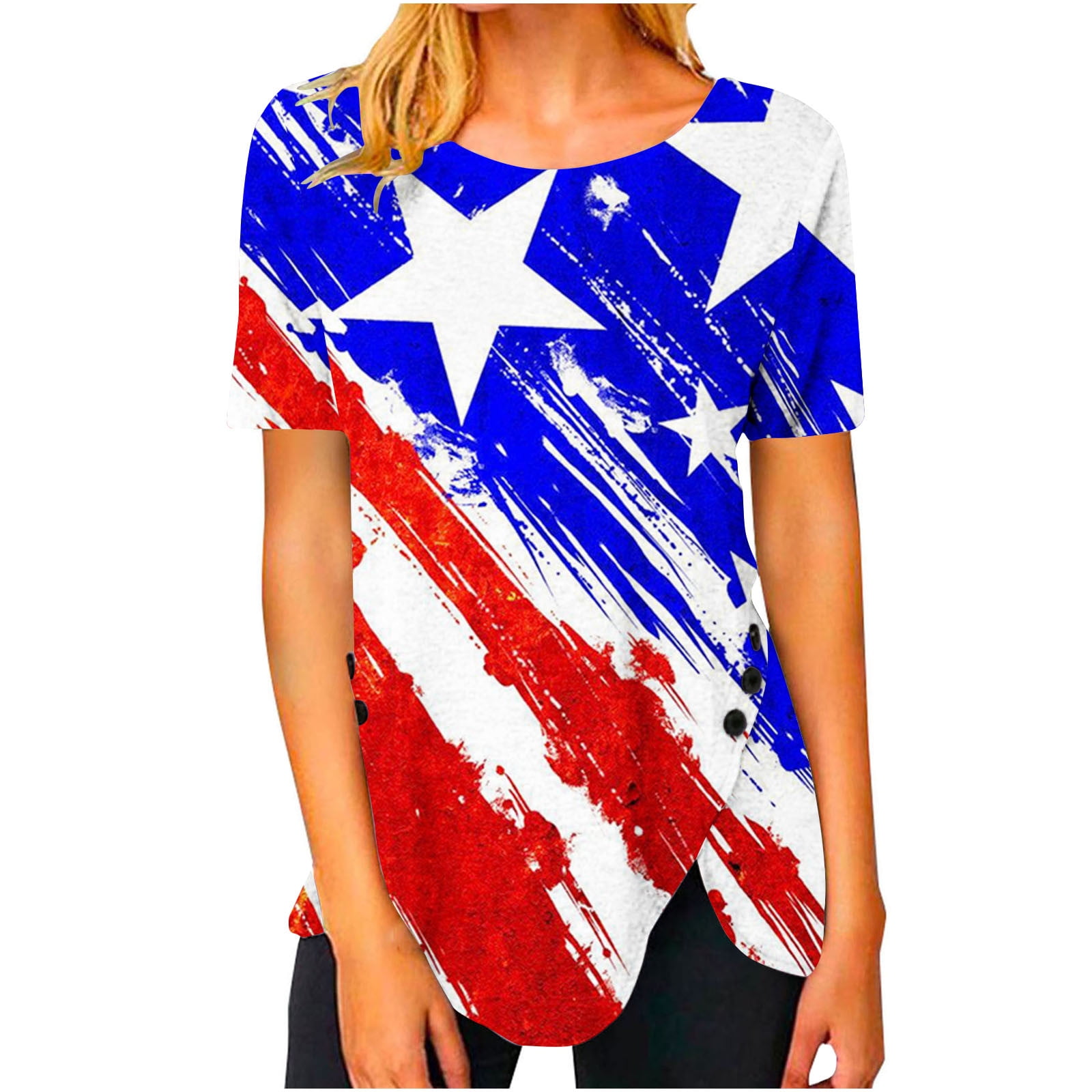 Ecqkame 4th of July Patriotic T-Shirts Women Clearance Women Round Neck ...
