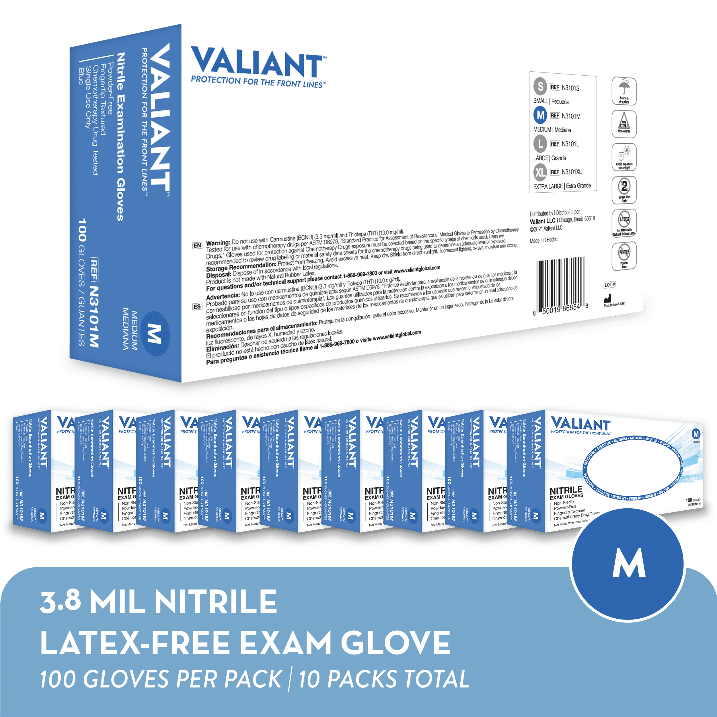 Valiant N3101 Nitrile Exam Gloves, Single Use Only, Fingertip Textured, Blue, Medium, 100 Per Box, 10 Boxes (1,000 Gloves)