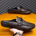 thumbnail image 2 of Men's Black Smooth Leather Backless Mule Loafers, Metal Buckle Slip On Flat Driving Slides, 2 of 4