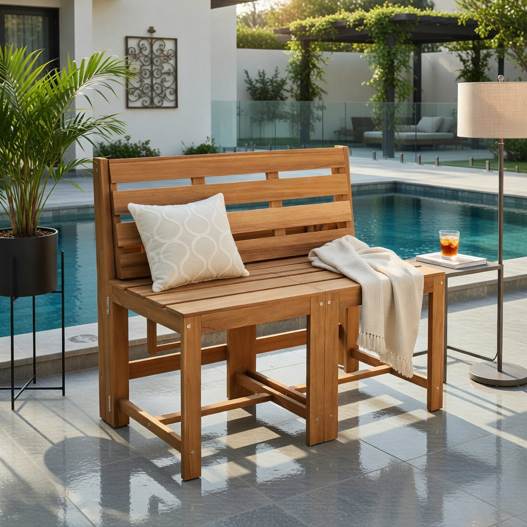 Hommoo 3-in-1 Outdoor Acacia Wood Loveseat Bench, Convertible Table & Chairs Set or Plant Stand, Wooden Garden Seating for Patio, Deck, Backyard, Natural