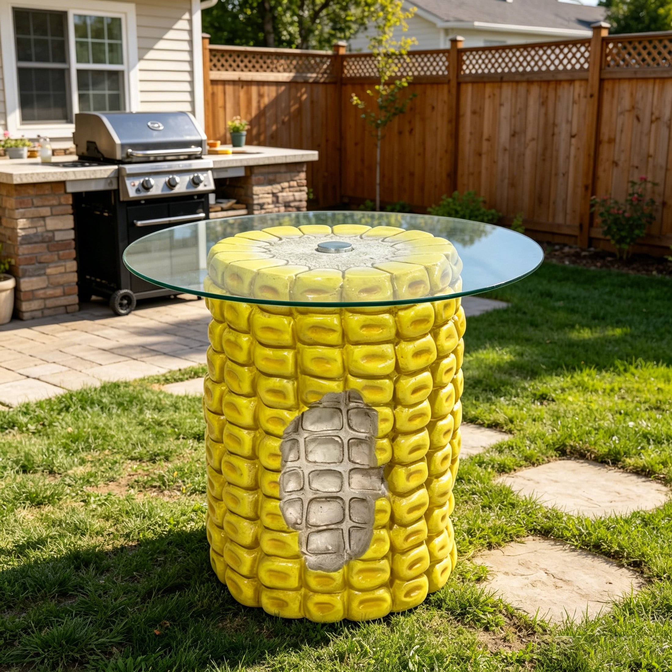 Noble House Novelty Corn Shaped Side Table with Tempered Glass Top & Weatherproof Resin Base, Home Decor, Yellow