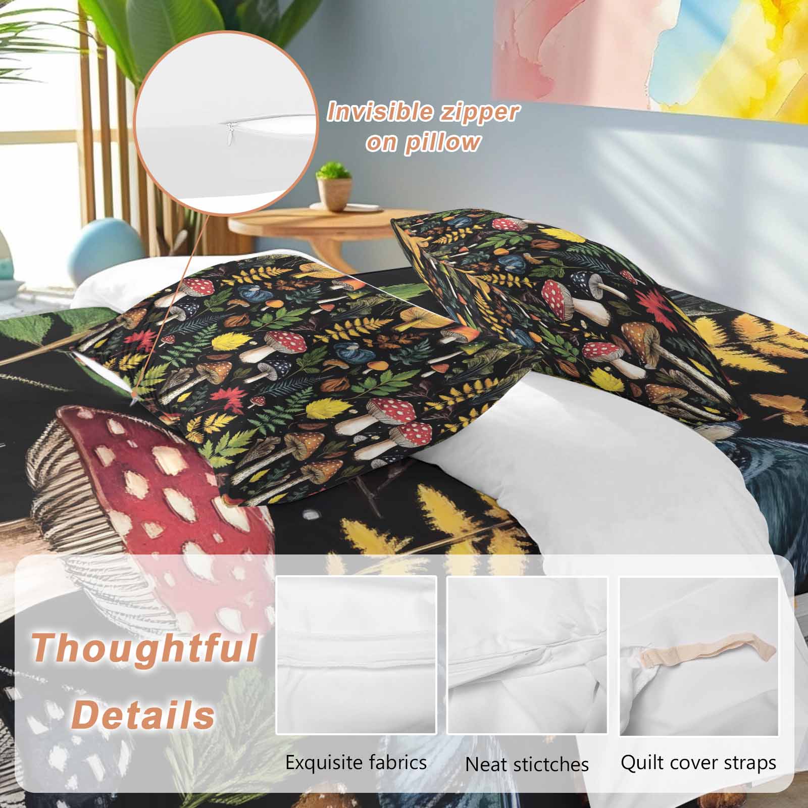 Farm Mushroom Duvet Cover Set King Size, Leaf Fern Plant Retro Black Background 4 Piece Soft Microfiber Bedding Set with 1 Duvet Cover, 1 Flat Sheet, 2 Pillowcases
