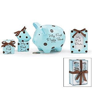 Baby Boy 4 Piece Keepsake Gift Set With Piggy Bank, First Tooth Box,First Curl Box and Photo (Best Banks In The Midwest)