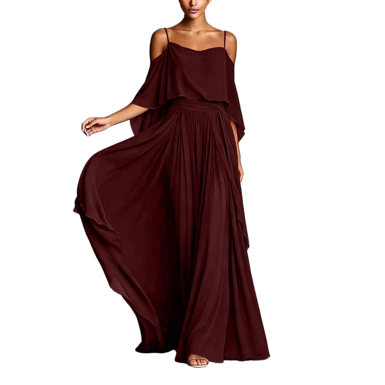Clodeeu Women's Spaghetti Strap Cold Shoulder Dolman Sleeve Waist Cinched Chiffon Maxi Dress,Elegant Wedding Guest Formal Evening Gown Wine,Women's