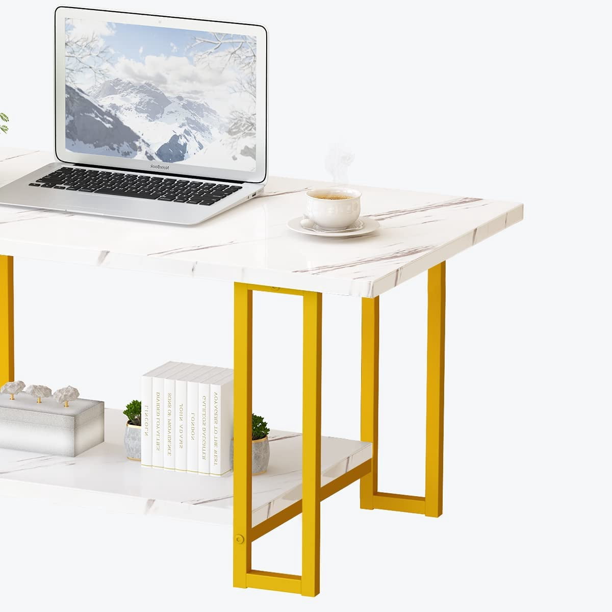 MIERES Coffee Table, Modern Faux Marble Top Coffee Table with Metal Frame and Storage Shelf, 2-Tier Rectangle Accent Cocktail Table for Living Room, Office, White Gold