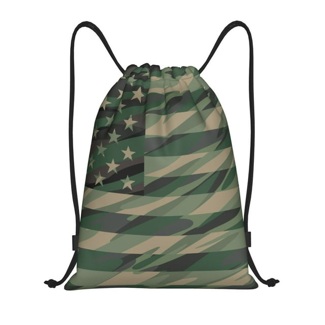 Xecao Jungle Green Camo USA Flag Pattern Sports Drawstring Backpack - String Swim Gym Bag with Wet Proof Pocket for Women&Men-Small