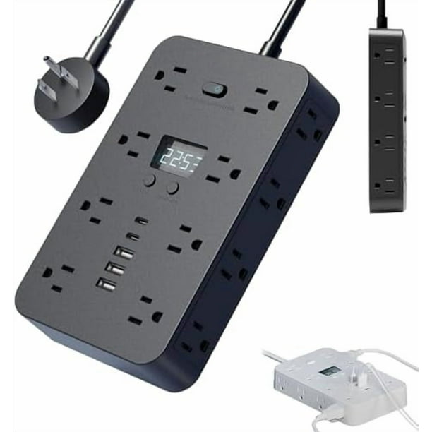 16-in-1 Power Strip with Switch & Surge Protection, 16 in 1 Surge Protector, Flat Plug Power Strip Surges Protector, 16 Ac Outlets, 3 USB & 2 Type-C Ports, Time Display for Home,Office (#a-black-10ft)