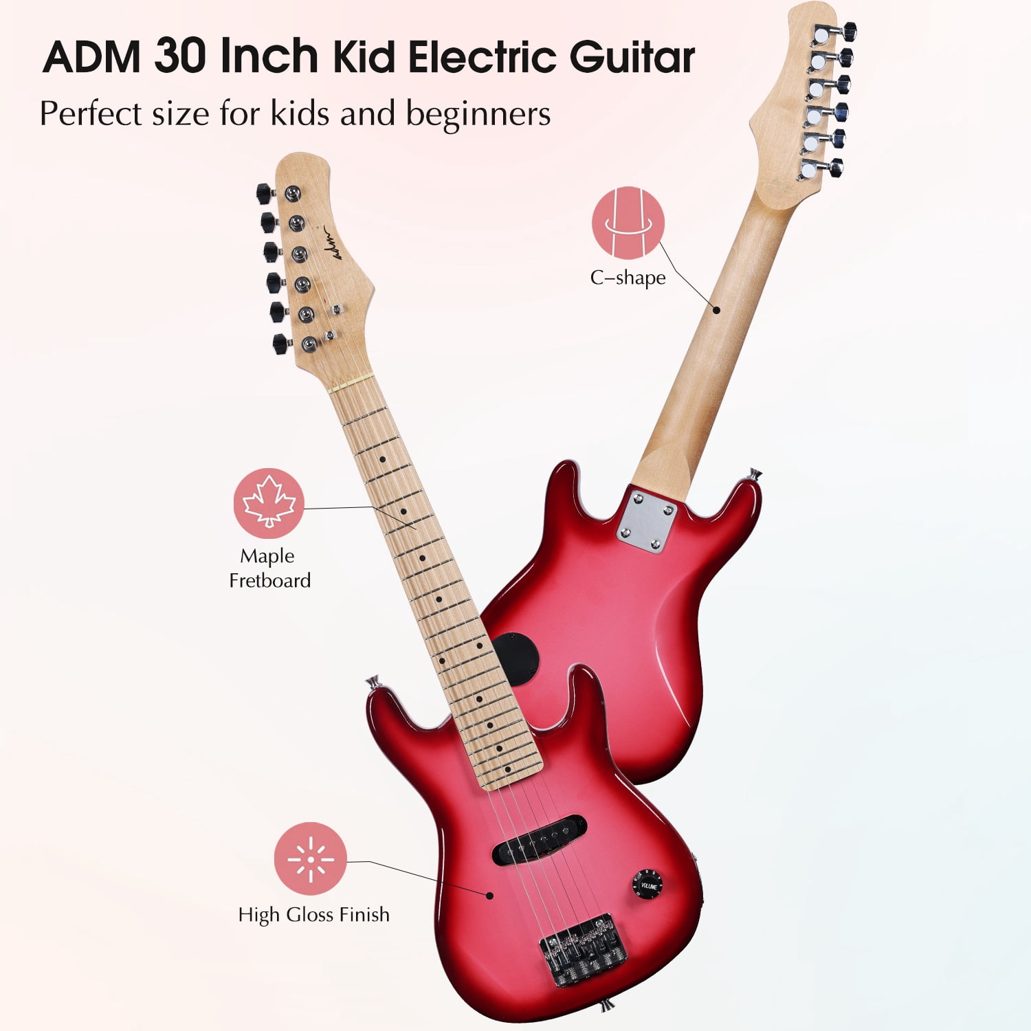 ADM 30 inch Kids Electric Guitar Beginner Kit, Junior 1/4 Size Mini Electric Wood Guitar for Children with Amplifier-Pink