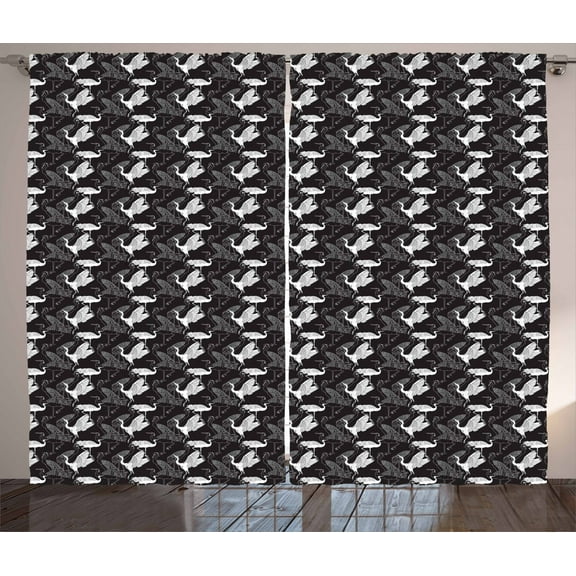 Ambesonne Crane Curtains 2 Panel Set, Bird Pattern, 108" x 63", Black and White