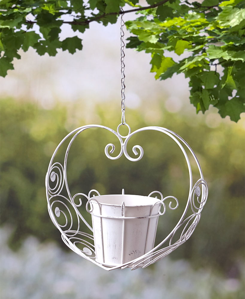 Decorative Metal Scrollwork Heart Hanging Planter Pots Blue Gray White 