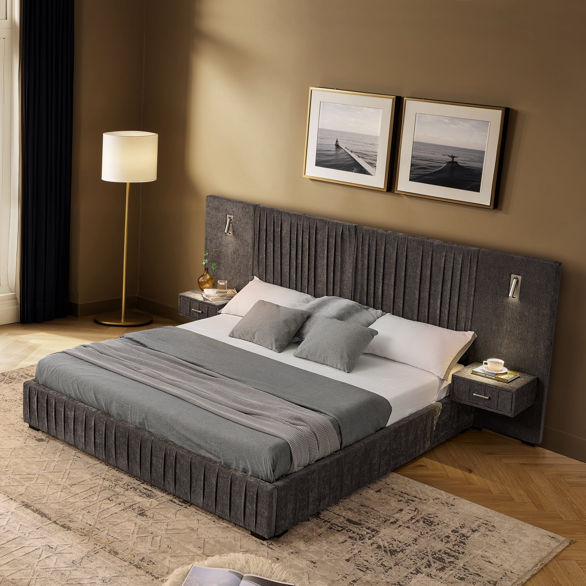 Ffz Queen Size Upholstered Bed Frame With Chenille Fabric With Pleated Design