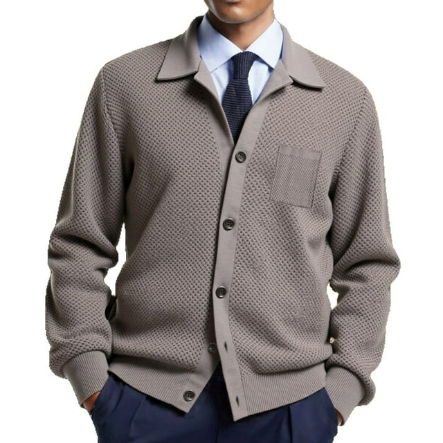 LNWUY Mens Turndown Collar Cardigan Sweater Button Down Textured Knit Sweaters Casual Chunky Cardigan with Pockets Yellow M