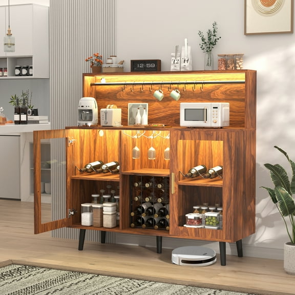 Magic Union Wine Bar Cabinet with LED Lights, Coffee Bar for Liquor, Alcohol Cabinet w/Glass Rack and Removable Wine Racks, Home Bar Buffet Cabinet w/Storage for Living Room Dining Room Kitchen