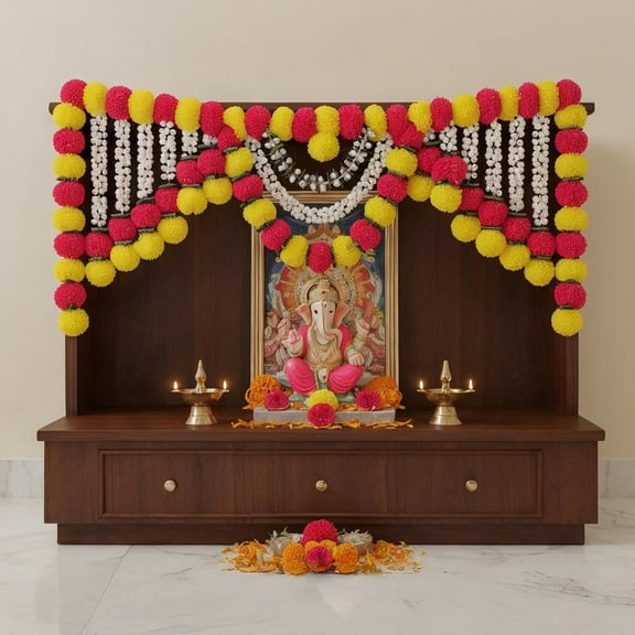 Store Indya Artificial Marigold Garland, Pink and White Pearl Beads, 3 Feet Traditional Toran Bandhanwaar Door Hanging for Religious Ceremonies and Festivals (Design 2)