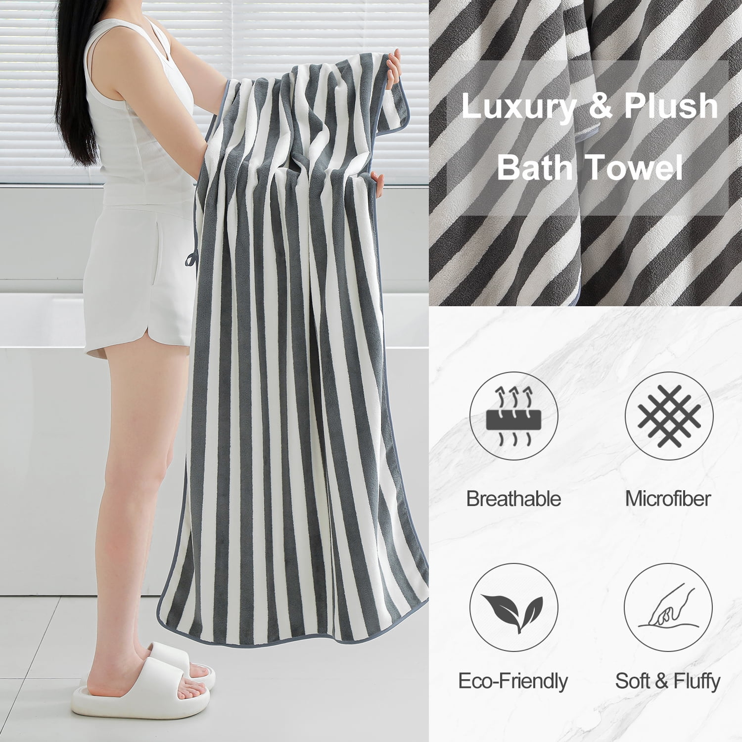 Smuge 12 Pcs Stripe Family Bath Towels Set - 4 Bath Sheet Towels, 4 Hand Towels, 4 Washcloths, Microfiber Soft Shower Towel for Bathroom Gym Spa(Dark Gray)