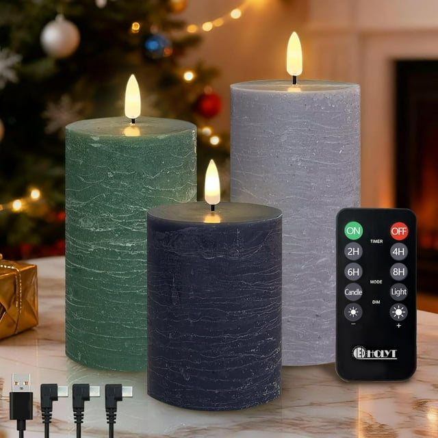 Rechargeable Flameless LED Pillar Candles–Luminous Real Wax Indoor Home Decor–Set of 3, Realistic Flickering LED Flame,Remote & Timer, USB-Rechargeable?Verdant & Ash Tones?
