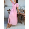 thumbnail image 5 of Women Summer Casual Midi Dress Puff Sleeve V Neck Ruched Button Front Split Boho Beach Vacation Wedding Dresses 2025 Pink XL, 5 of 8
