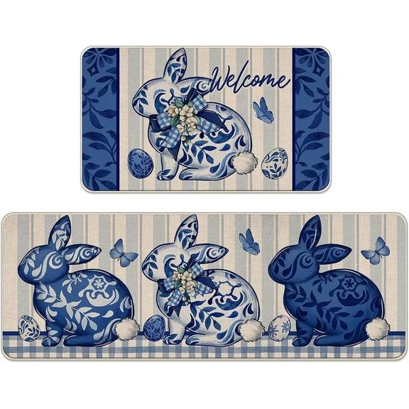 Welcome Easter Bunny Chinoiserie Kitchen Rugs Set of 2, Blue and White Porcelain Rabbit Kitchen Mats Decor, Spring Easter Eggs Butterfly Floor Door Mat Home Decorations - 17x30 and 17x47 Inch
