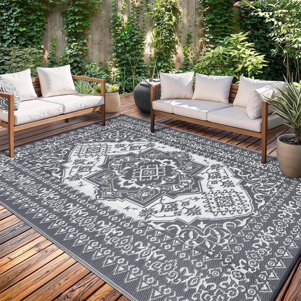 Outdoor Rugs8x10ft/9x12ft/10x14ft/9x18ft/10x20ft Waterproof Portable for Patio, Reversible Outdoor Plastic Straw Rug for Camping, RV Mat Modern Plaid Outdoor Rugs for Porch, Deck, Backyard, Balcony,