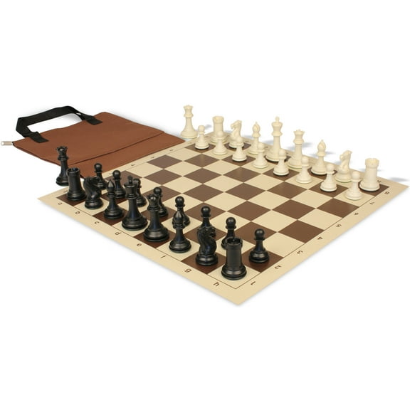 Conqueror Easy-Carry Plastic Chess Set Black & Ivory Pieces with Vinyl Rollup Board - Brown