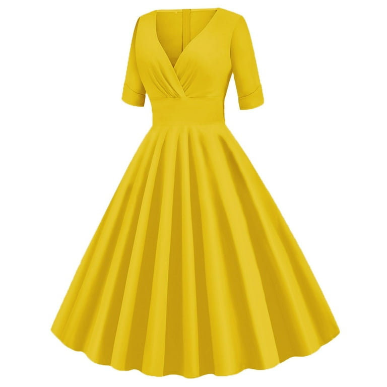 Brglopf Women Vintage 50s Retro Dress Wrap V Neck Half Sleeve Sold Color A-Line Swing Tea Dress Elegant Gown Cocktail Party Dresses Yellow M Brglopf Women Vintage 50s Retro Dress Wrap V Neck Half Sleeve Sold Color A-Line Swing Tea Dress Elegant Gown Cocktail Party Dresses Yellow M