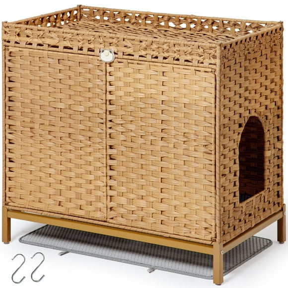 SETVSON Cat Litter Box Enclosure Furniture, Hidden Handwoven Rattan Litter Box with Mat, Large Cat House with Metal Heightened Feet, 30.3 x 18.3 x 28 Inches, Indoor for Living Room, B