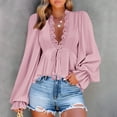 thumbnail image 4 of Ltctricy Peplum Tops for Women Ruffle Long Sleeve Deep V Neck Lace Trim Tie Front Babydoll Shirts High Low Hem Tunic Blouses(Pink,Small), 4 of 7