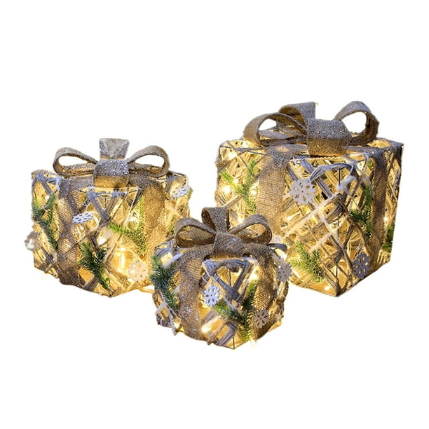 3 cajas de regalo navideñas iluminadas, paquetes navideños, decoración navideña Caja de ratán