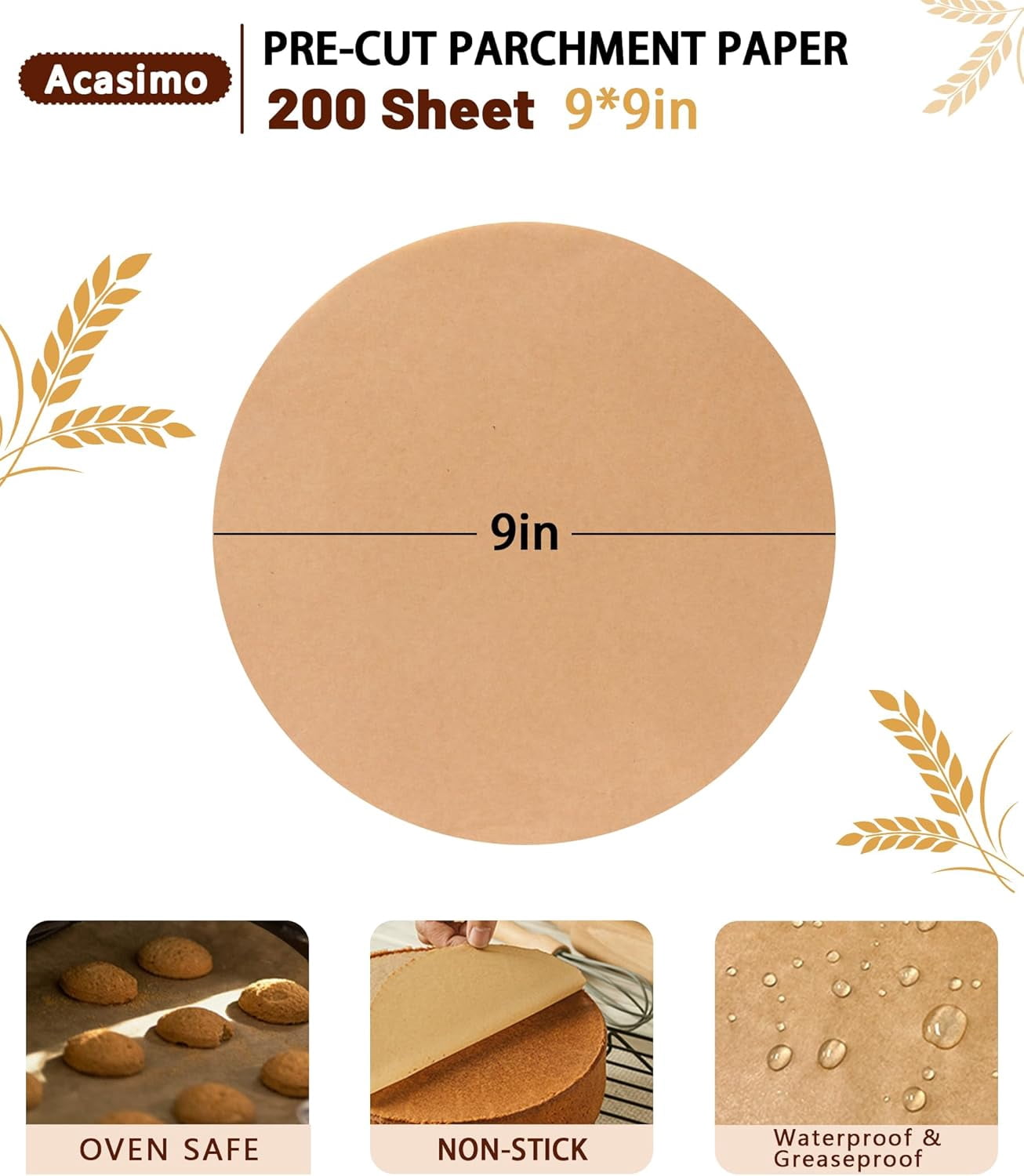 JJEAN-200Pcs Parchment Paper Rounds, 9 Inch Baking Parchment Circles, Precut Baking Sheets Round, Burger Patty Paper Liners for Tortilla Press, Air Fryer, Cake Springform Pizza Pan, Bread Cup Cake Co