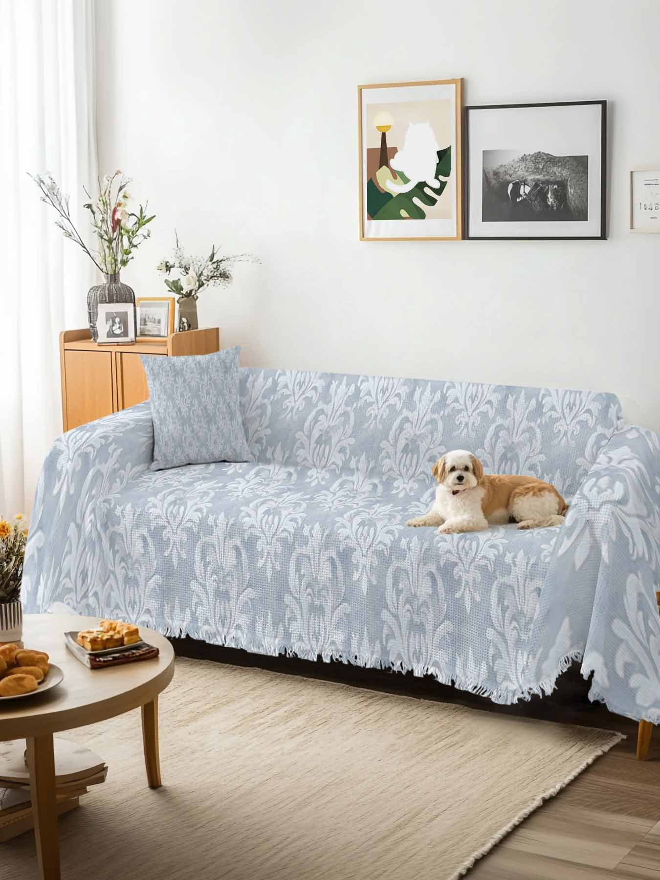 Haze Blue Boho Couch Cover, Neutral Middle Century Turkish Pattern Sofa Cover Blanket for 1 Seat Cushion,Sectional Sofa Slipcover Furniture Protector for Living Room Bedroom 71''x91''