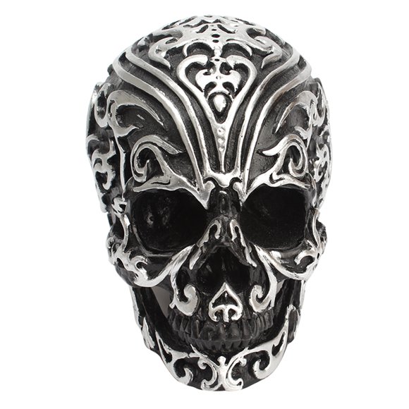 1 pieza de decoración de calavera tallada con nubes auspiciosas, decoración de calavera de resina, artesanía de cabeza de calavera, adorno para Halloween, fiesta, hogar (plata y negro)
