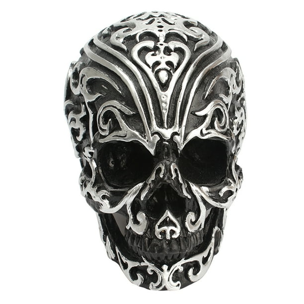 1 pieza de decoración de calavera tallada con nubes auspiciosas, decoración de calavera de resina, artesanía de cabeza de calavera, adorno para Halloween, fiesta, hogar (plata y negro)