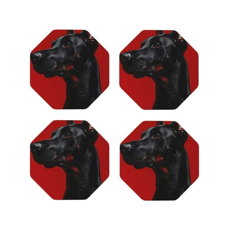

Lukts Black Dog Red Background Print Leather Drinks Coasters Set of 4 Suitable or Drinks Furniture Protection and Easy Clean up-Octagon