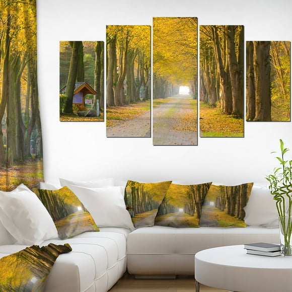 Designart 4 Piece Country Road Below Yellow Trees Landscape Photo Canvas Print, 48" x 28", Yellow