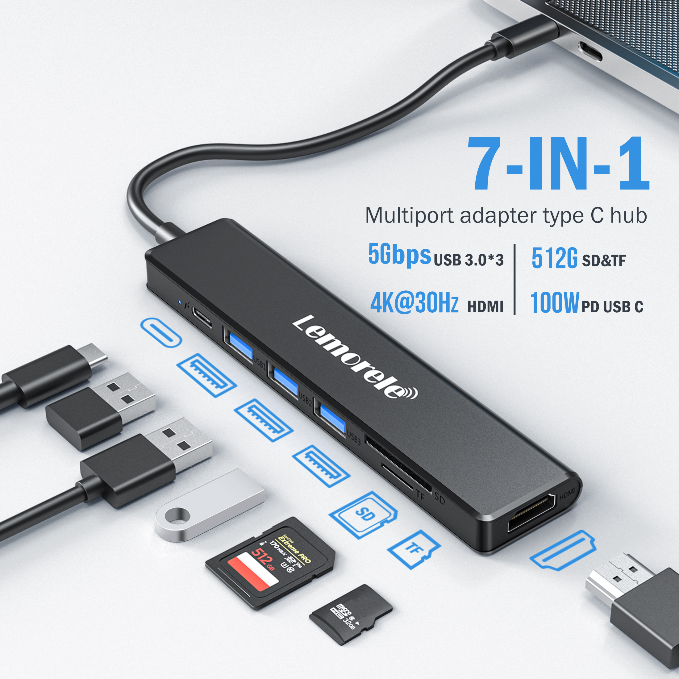 Lemorele USB C 7-in-1 Docking Station with 4K HDMI, USB 3.0, SD/TF Card Slot,  100W Fast Charging Adapter