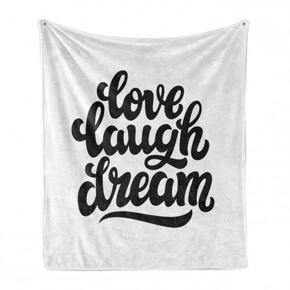 Dream Soft Flannel Fleece Throw Blanket, Hand Drawn Typography Design Monochrome Love Laugh Dream Words Inspirational, Cozy Plush for Indoor and Outdoor Use, 60" x 80", Black and White, by Ambesonne