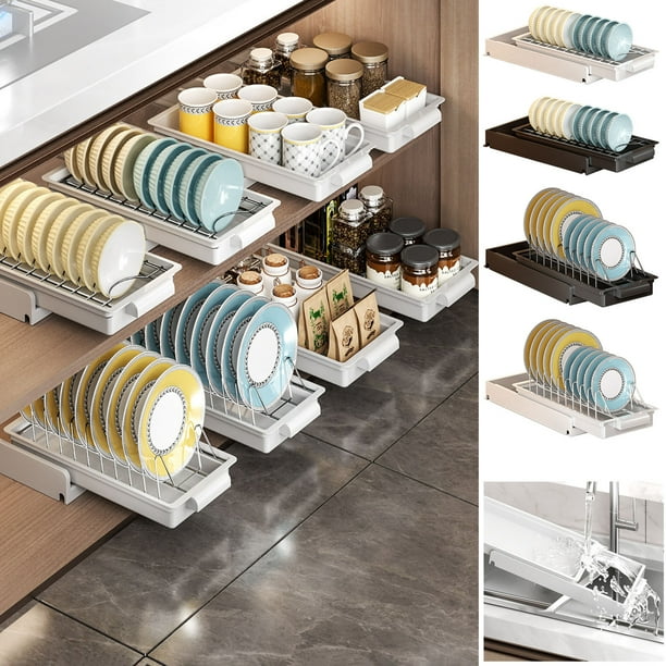 Organizador deslizable para cajones de despensa - Estante para armarios de cocina de 35,8x15,5 cm con bandeja de desagüe y divisores ajustables, blanco