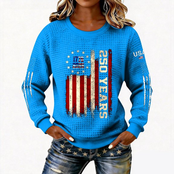 longantii Shirts for Women 250 Anniversary Crew Neck Tees Loose Long Sleeve American Flag Clothing Independence Day Pullover Blue XL