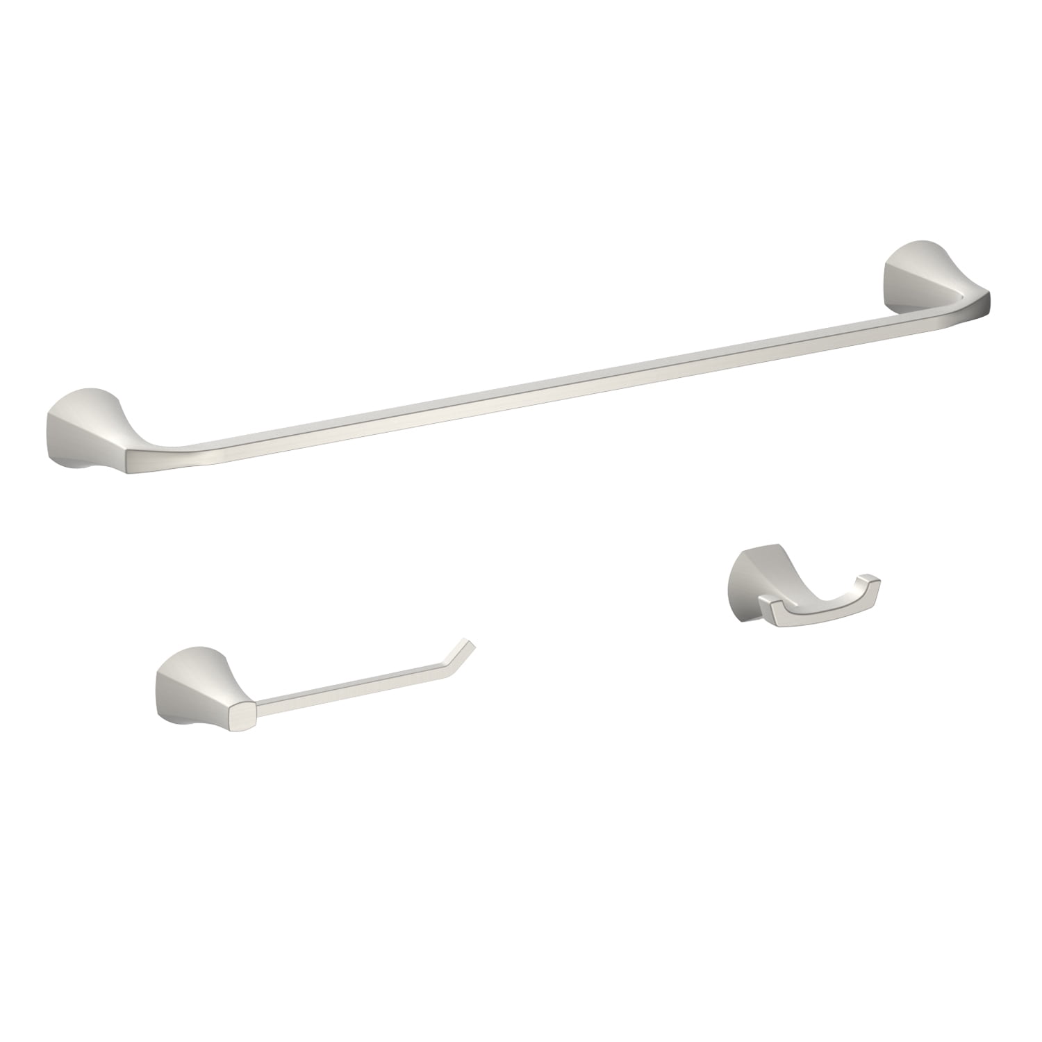 Better Homes & Gardens Simple Flare 3-Piece Bath Hardware Set, Satin Nickel, Wall Mounted, Towel Bar, Toilet Paper Holder, Robe Hook
