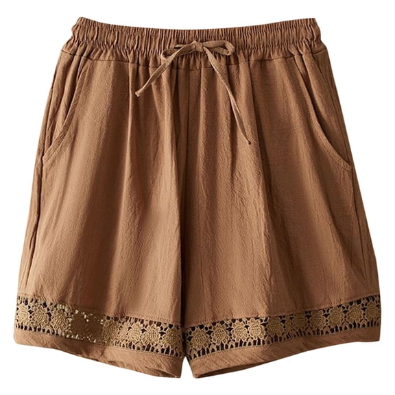 Lovskoo Womens Linen Blend Shorts with Lace Trim and Eyelet Detail Elastic Drawstring Waist Casual Summer Shorts with Pockets