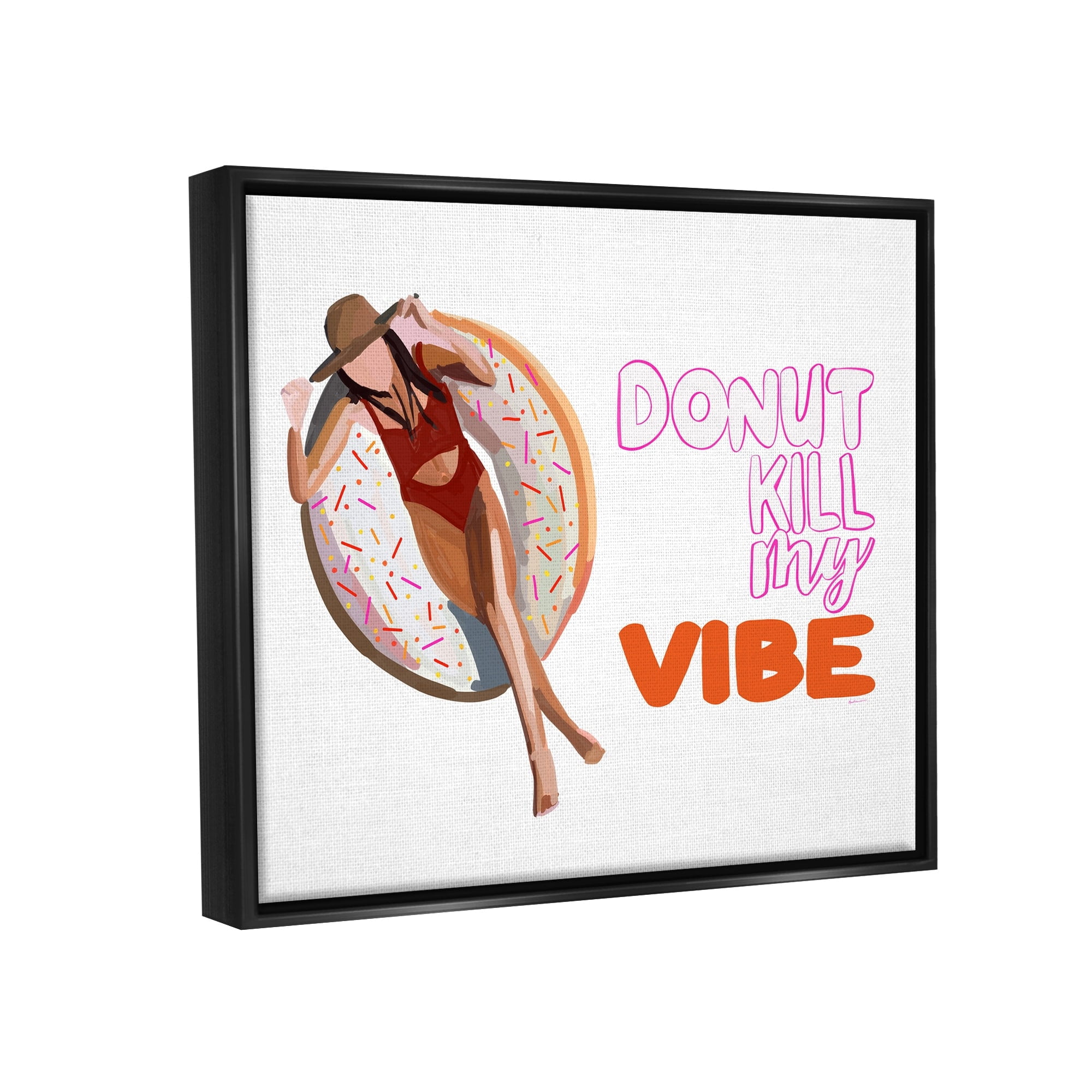 Stupell Industries Donut Kill My Vibe Relaxing Pool Float Girl Graphic Art Jet Black Floating Framed Canvas Print Wall Art, Design by Amelia Noyes